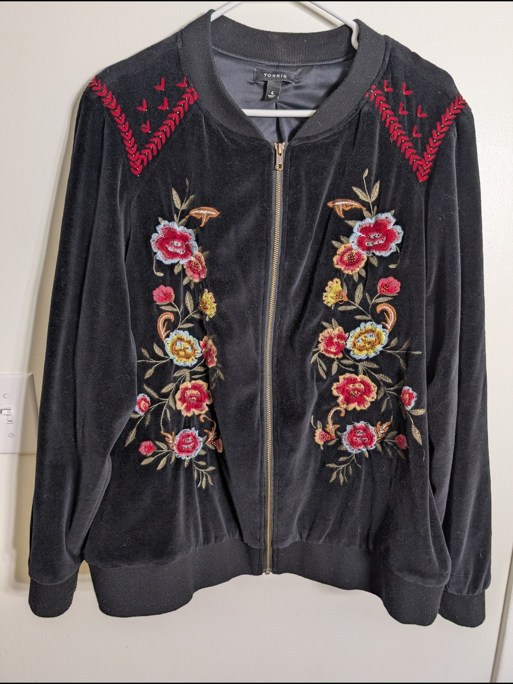 torrid Black Velvet Bomber Jacket with Red & Multicolor Floral Embroidery